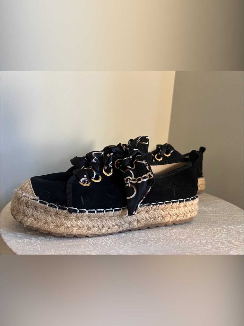 Black Espadrille Platform Slip-On with Scarf Laces - Women's Espadrilles